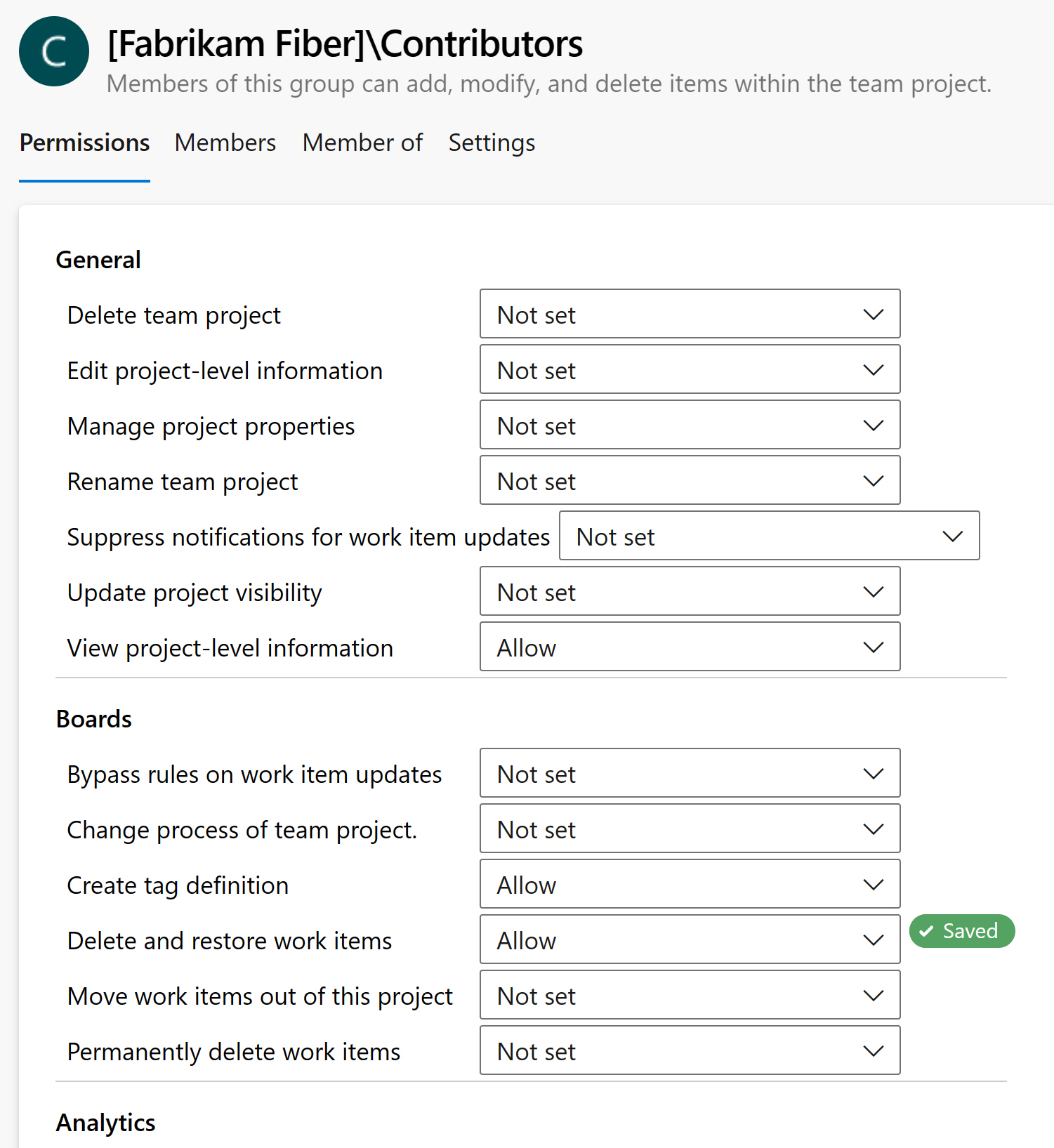 Contributors group permissions.