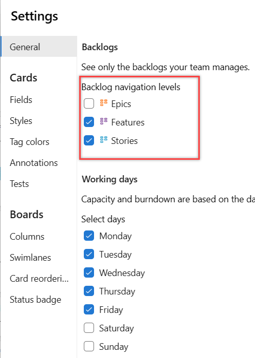Screenshot of Team settings dialog, Backlogs tab.