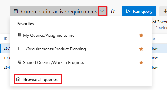 Screenshot that shows the query navigation dropdown.