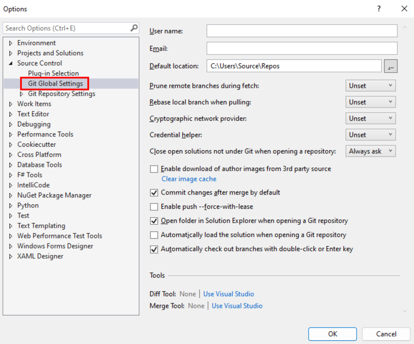 Screenshot of Git Global Settings in the Options dialog of Visual Studio.