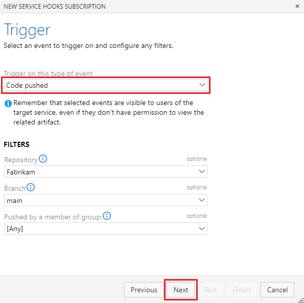 Configure event dialog box