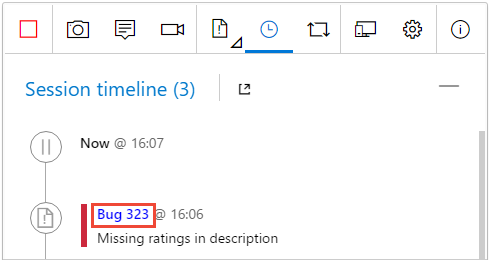 Screenshot of the session timeline with a newly created bug selected.