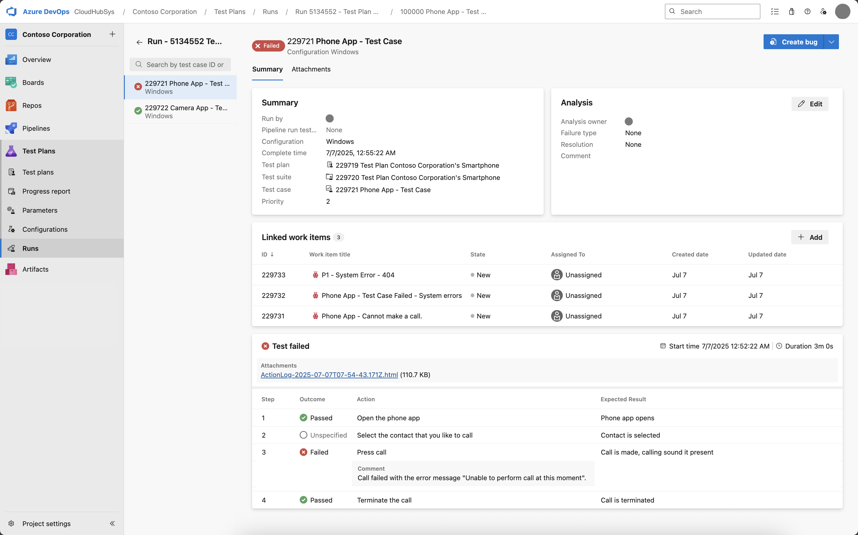 Screenshot of the detailed test case results page showing comprehensive test information.
