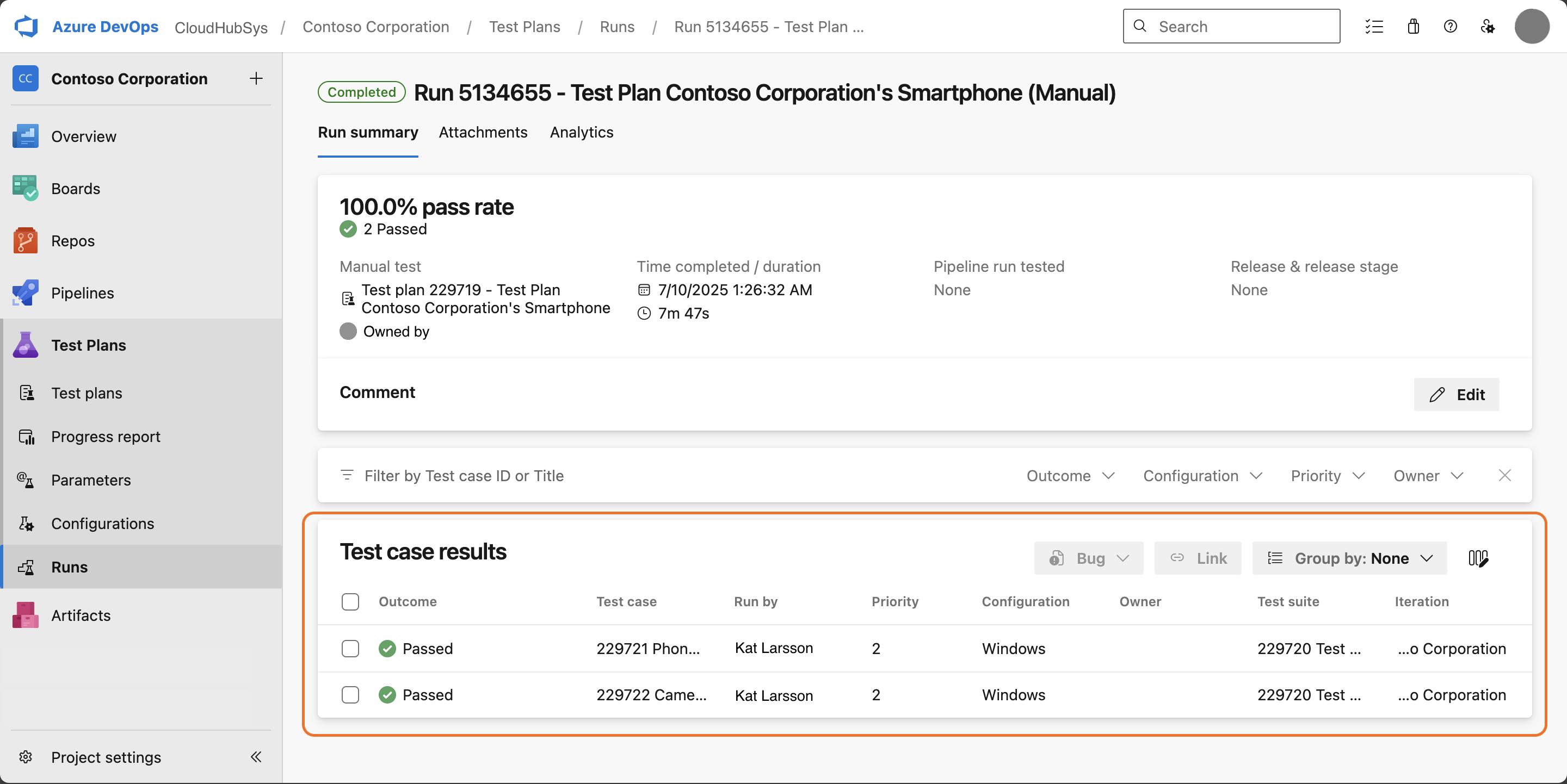 Screenshot of the test case results section showing individual test outcomes.