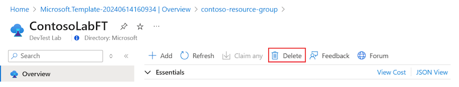 لقطة شاشة توضح كيفية حذف مختبر في مدخل Microsoft Azure.