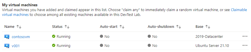 لقطة شاشة تعرض قائمة V Ms في قائمة الأجهزة الظاهرية لـ DevTest Labs.