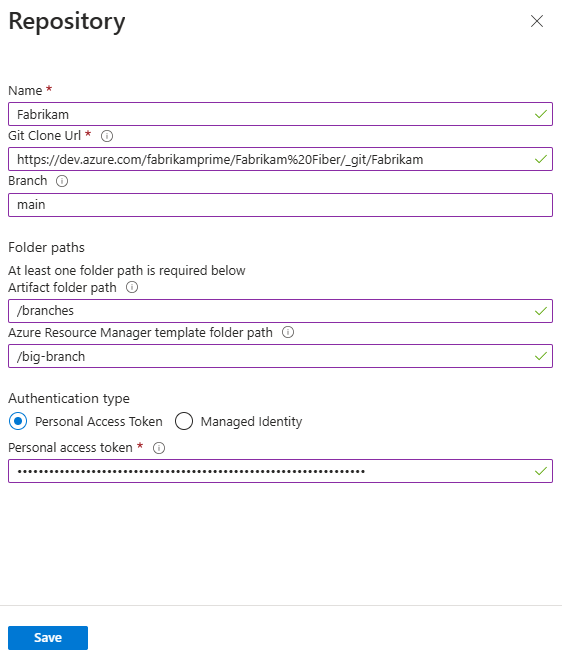 لقطة شاشة تعرض إعدادات Azure Repos لإضافة مستودع قالب جديد إلى المختبر.