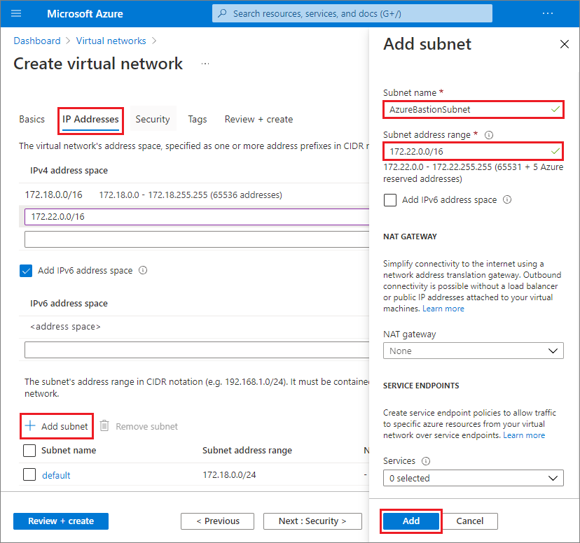 لقطة شاشة تُظهر إنشاء الشبكة الفرعية AzureBastionSubnet.