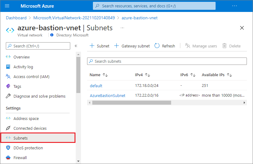 لقطة شاشة تعرض شبكتين فرعيتين في شبكة Azure Bastion الظاهرية.