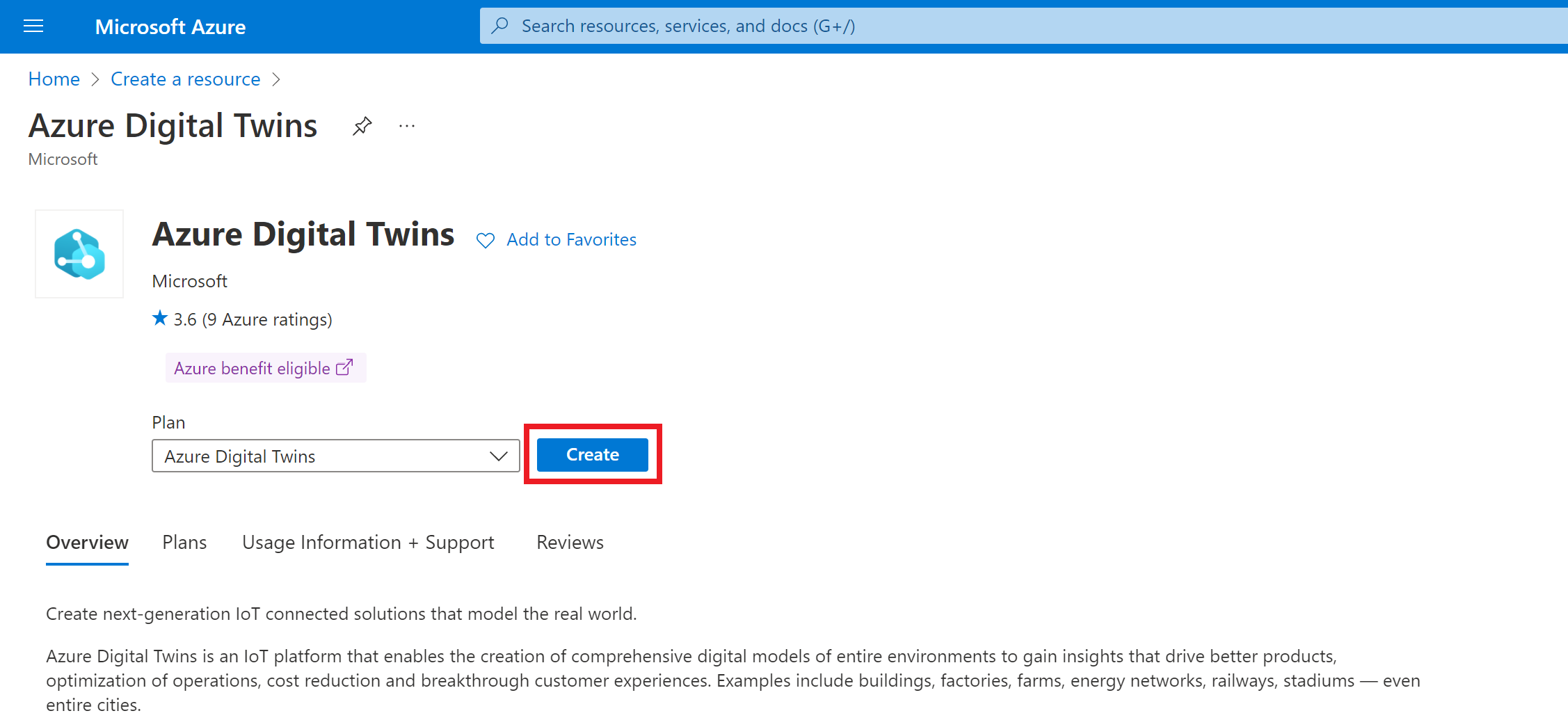 لقطة شاشة لبوابة Azure، مع تمييز زر 