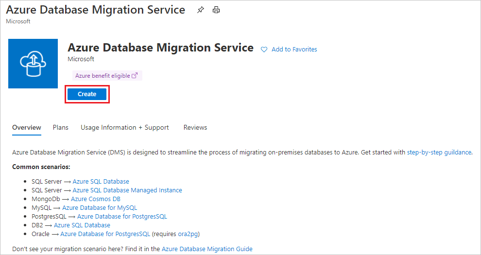 إنشاء مثيل Azure Database Migration Service