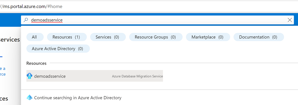 لقطة شاشة توضح كيفية البحث عن اسم مورد في مدخل Microsoft Azure.