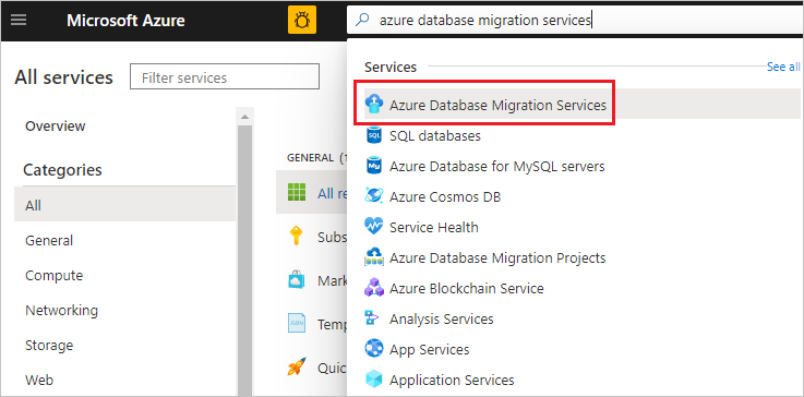 لقطة شاشة ل Search Azure Database Migration Service.