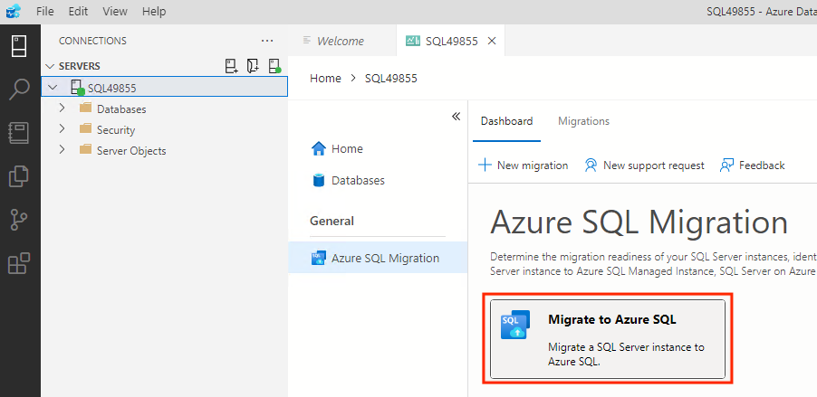 لقطة شاشة تعرض معالج الترحيل إلى Azure SQL.