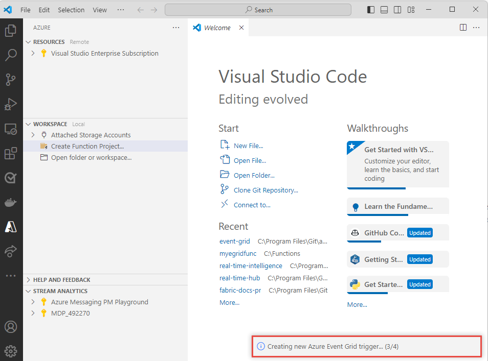 لقطة شاشة تعرض حالة إنشاء الدالة.