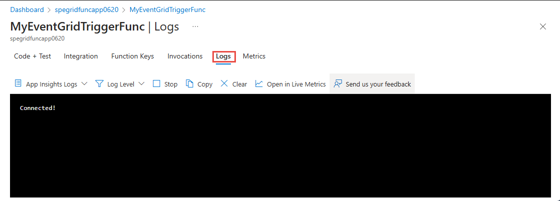 لقطة شاشة تعرض علامة التبويب Logs لوظيفة في مدخل Microsoft Azure.