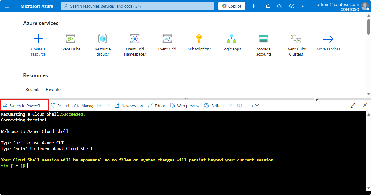 لقطة شاشة تظهر تكوين Cloud Shell.