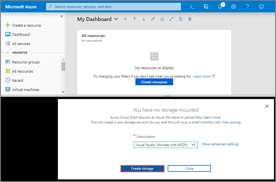 لقطة شاشة تعرض إنشاء مساحة تخزين لـ Cloud Shell.