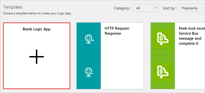 لقطة شاشة توضح قوالب Azure Logic Apps بقالب «تطبيق منطقي فارغ» محدد.