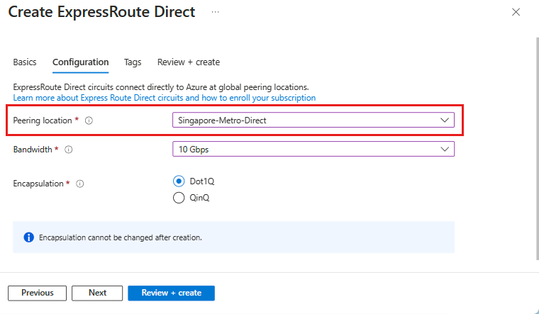 لقطة شاشة لإنشاء منافذ Metro ExpressRoute Direct.