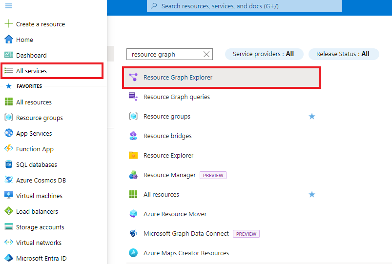 لقطة شاشة للبحث عن Resource Graph Explorer في جميع الخدمات.