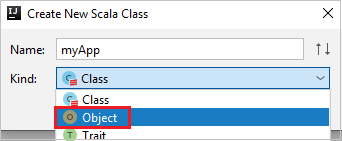 مربع حوار إنشاء فئة Scala جديدة