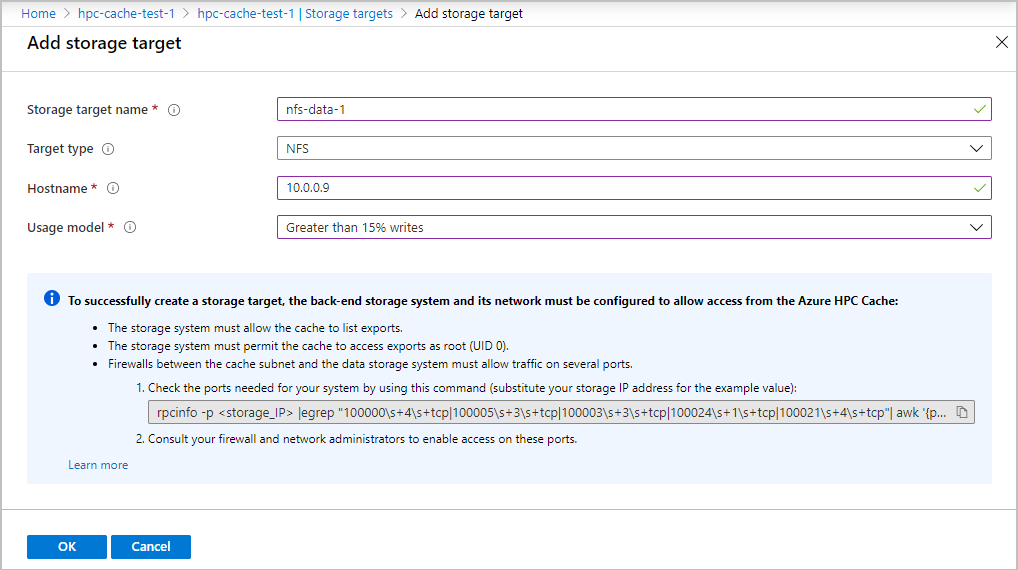 لقطة شاشة لإضافة صفحة هدف التخزين مع تحديد هدف NFS