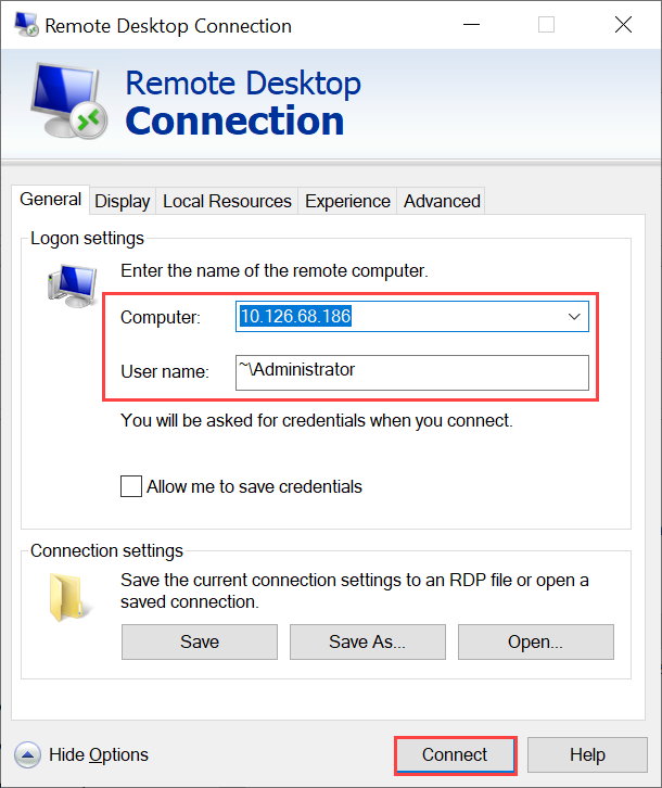 لقطة شاشة لجزء اتصال سطح المكتب البعيد للاتصال عبر RDP بجهاز Windows الظاهري.