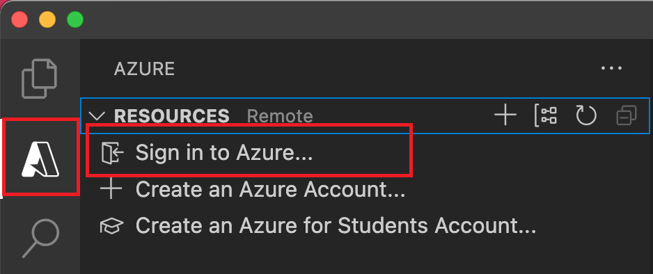 لقطة شاشة تعرض تسجيل الدخول إلى نافذة Azure في VS Code.
