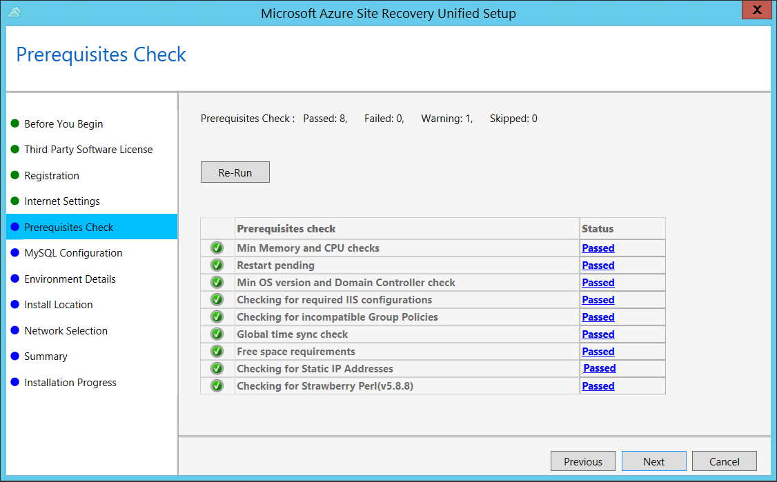 Screenshot of the Prerequisites Check screen in Unified Setup.