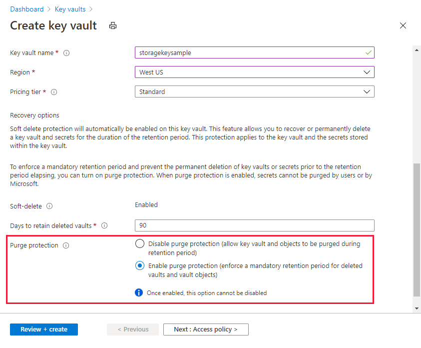 لقطة شاشة توضح كيفية تمكين الحماية من الإزالة عند إنشاء key vault.