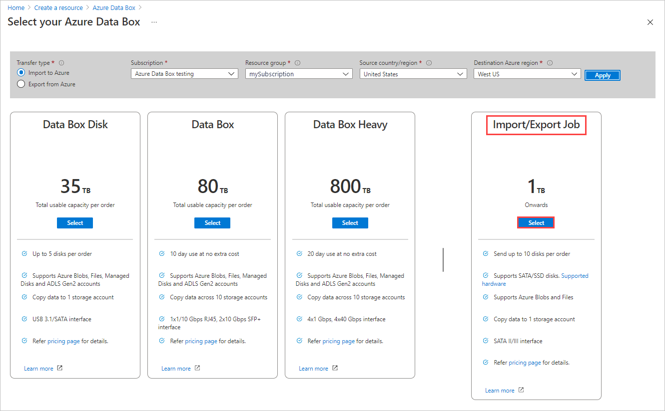 لقطة شاشة تعرض خيارات المنتج لطلب Data Box جديد. يتم تمييز الزر Select ل Import Export Job.