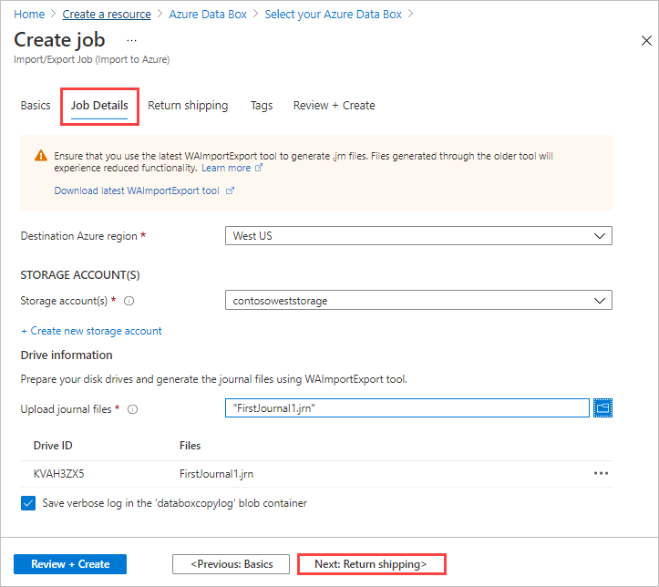 لقطة شاشة لعلامة تبويب تفاصيل المهمة المكتملة لمهمة استيراد في Azure Data Box. يتم تمييز علامة التبويب Job Detail وزر Next: Return Shipping.