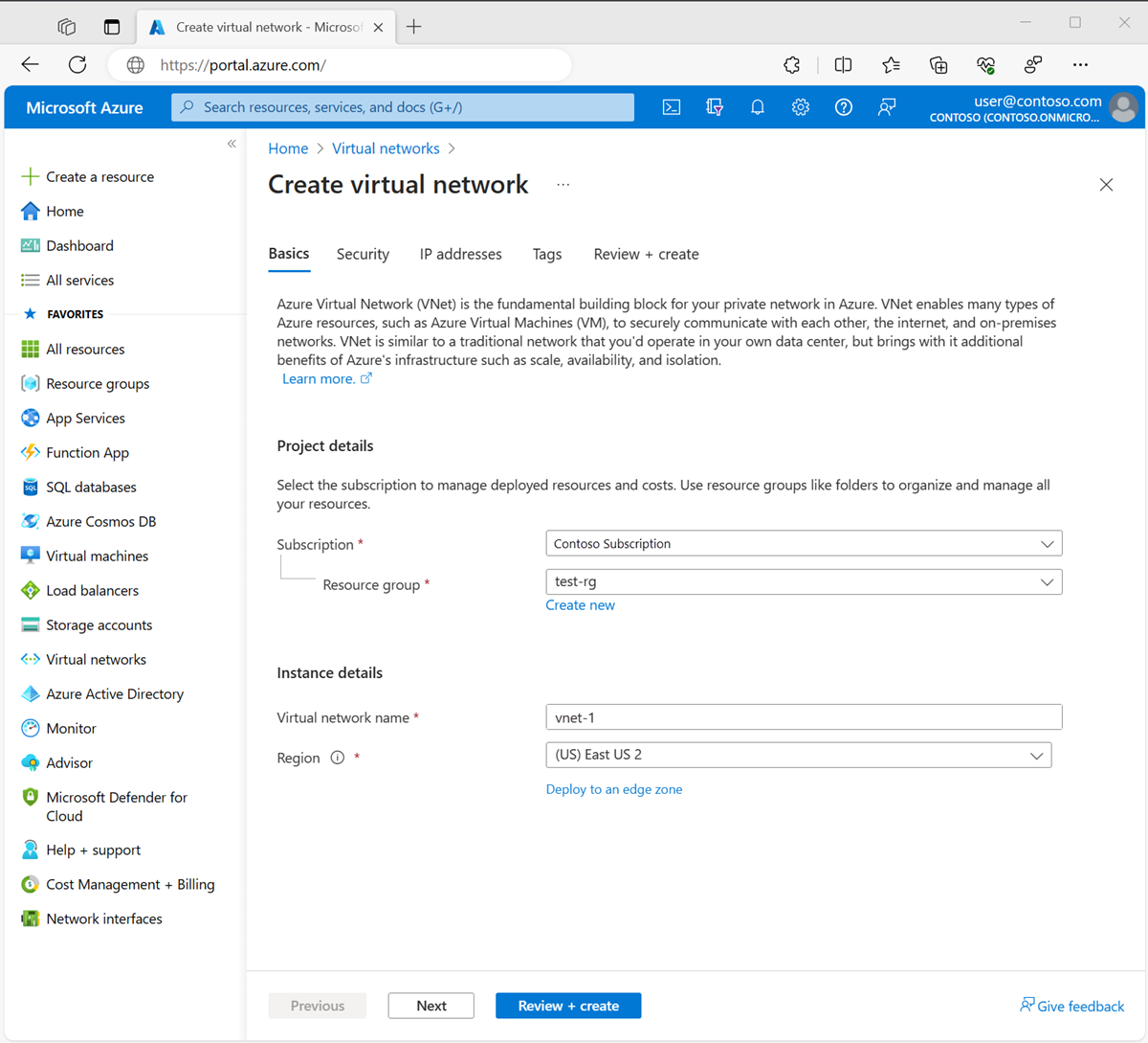 لقطة شاشة لعلامة تبويب الأساسيات لإنشاء شبكة ظاهرية في مدخل Microsoft Azure.