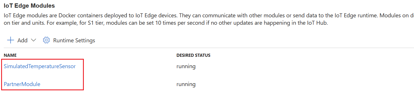 لقطة شاشة تعرض ارتباطات قائمة الوحدة النمطية لتحديث إعدادات وحدة IoT Edge في مدخل Microsoft Azure.