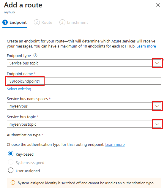 لقطة شاشة تعرض جزء نقطة نهاية إضافة موضوع ناقل خدمة Microsoft Azure مع تحديد الخيارات الصحيحة.