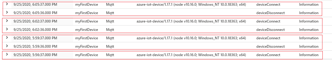 سلوك الخطأ لتجديد الرمز المميز خلال MQTT في سجلات Azure Monitor  مع Node SDK.