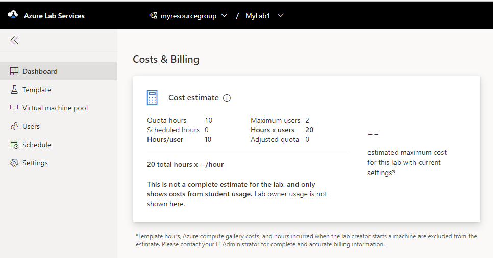 لقطة شاشة تعرض تقدير تكلفة لوحة المعلومات في Azure Lab Services.