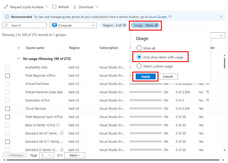 Screenshot showing the Usage and quotas page, with Usage drop down and Only show items with usage option highlighted.