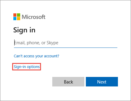 لقطة شاشة تعرض نافذة تسجيل الدخول إلى Microsoft، مع تمييز ارتباط خيارات تسجيل الدخول.