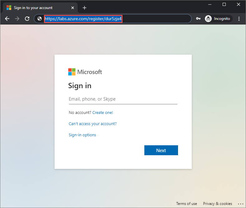 لقطة شاشة للمستعرض مع مثال ارتباط التسجيل لخدمات مختبر Azure، مع تمييز ارتباط التسجيل.