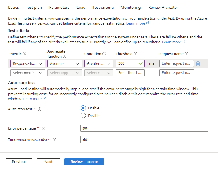 لقطة شاشة توضح كيفية تكوين معايير الاختبار عند إنشاء اختبار في مدخل Microsoft Azure.