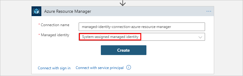 لقطة شاشة تظهر إجراء Azure Resource Manager مع إدخال اسم الاتصال وتحديد 