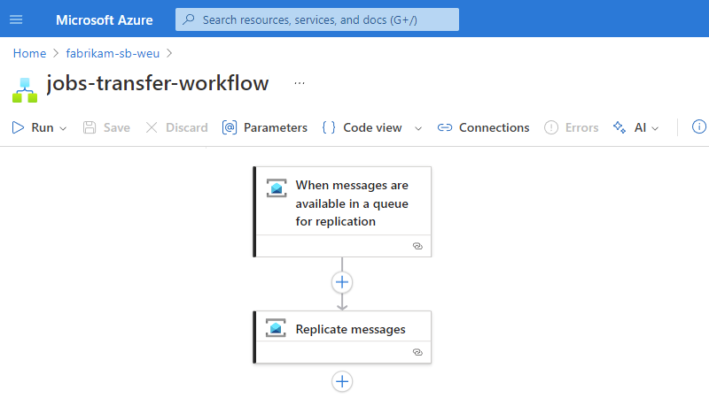 تظهر لقطة الشاشة مصمم سير العمل مع سير العمل الأساسي.