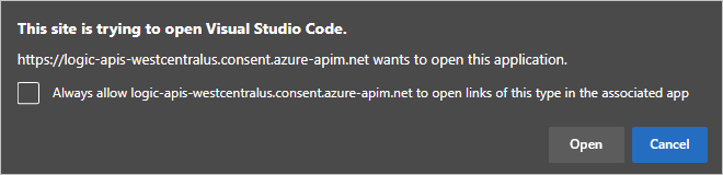 تظهر لقطة الشاشة مطالبة بفتح ارتباط ل Visual Studio Code.