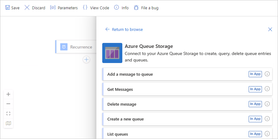 لقطة شاشة تعرض مدخل Microsoft Azure، مصمم سير عمل تطبيق المنطق القياسي ذي الحالة الخاصة مع موصل Azure Queue Storage والإجراءات.
