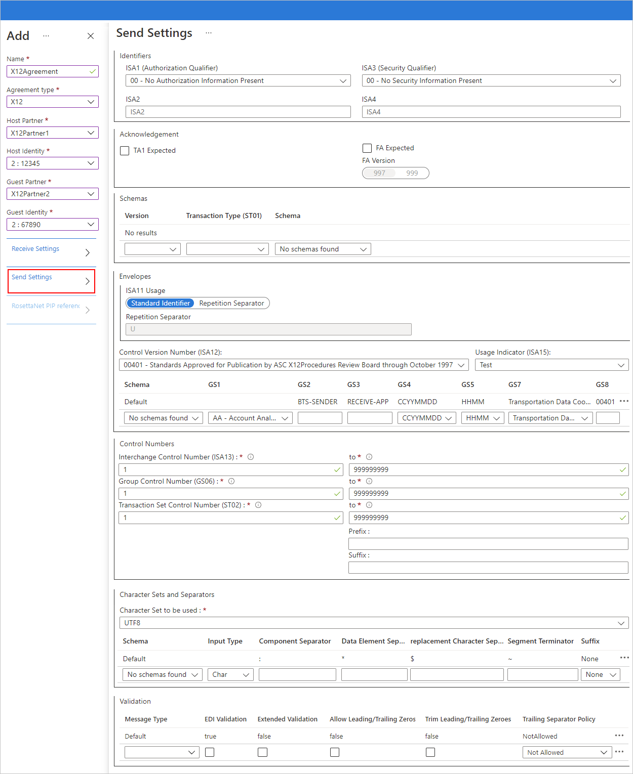 لقطة شاشة تعرض مدخل Microsoft Azure وإعدادات اتفاقية X12 للرسائل الصادرة.