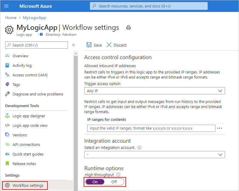 لقطة شاشة تعرض قائمة تطبيق المنطق في مدخل Microsoft Azure مع تعيين 