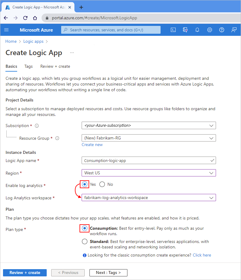 لقطة شاشة تعرض مدخل Microsoft Azure وصفحة إنشاء تطبيق منطق الاستهلاك.