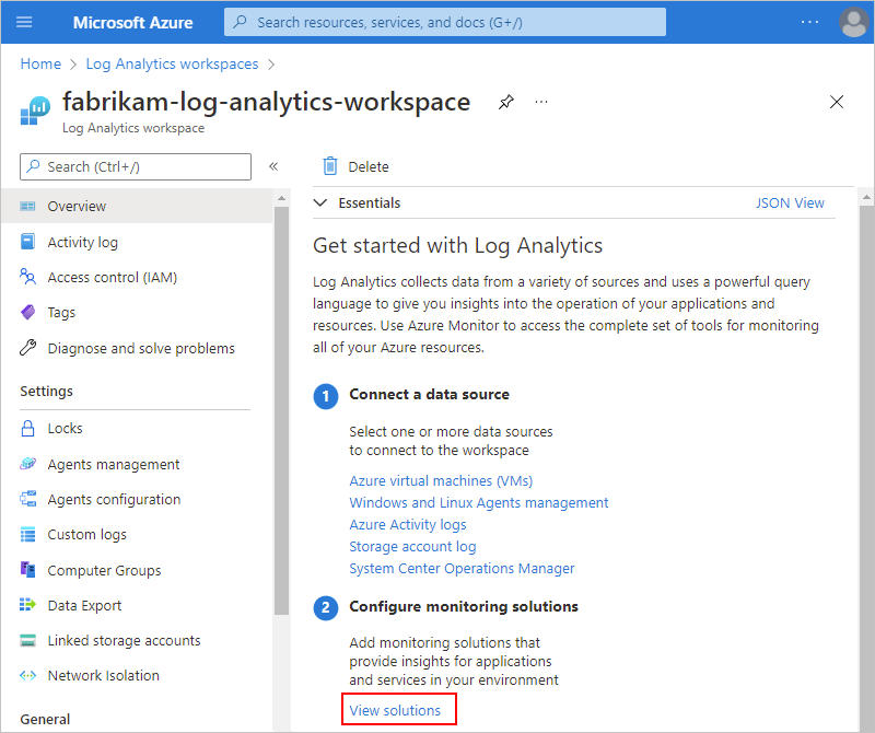 لقطة شاشة تعرض مدخل Microsoft Azure وصفحة نظرة عامة على مساحة العمل وعرض الحلول المحددة.